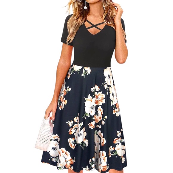 Dresses & Skirts - Black Dress with Floral Swing skirt 2X New